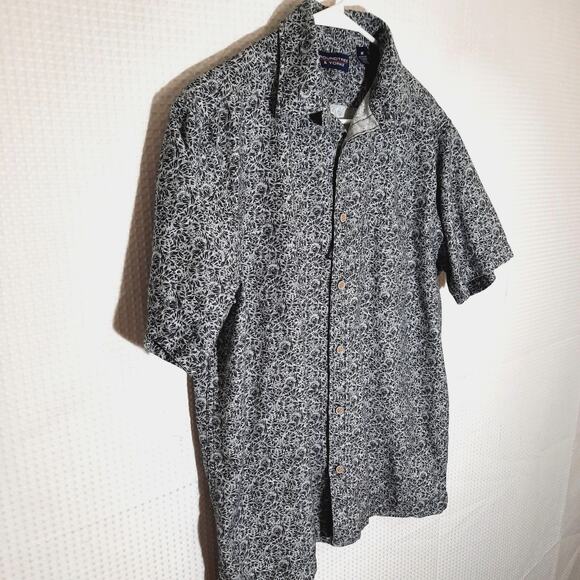 Roundtree Yorke M Shirt Men Black White Leaf Print Short Sleeve Button Cotton - Picture 2 of 5